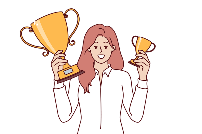 Successful woman manager boasts of cups for obtaining leadership position in corporate competitions  Illustration