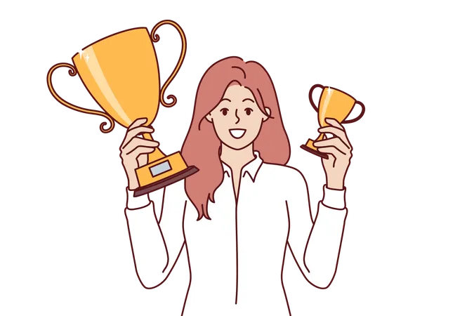 Successful Woman Manager Boasts Of Gold Cups For Obtaining Leadership Position In Corporate Competitions Business Lady Invites Employees To Participate In Trophy Drawing For Leadership Qualities Illustration