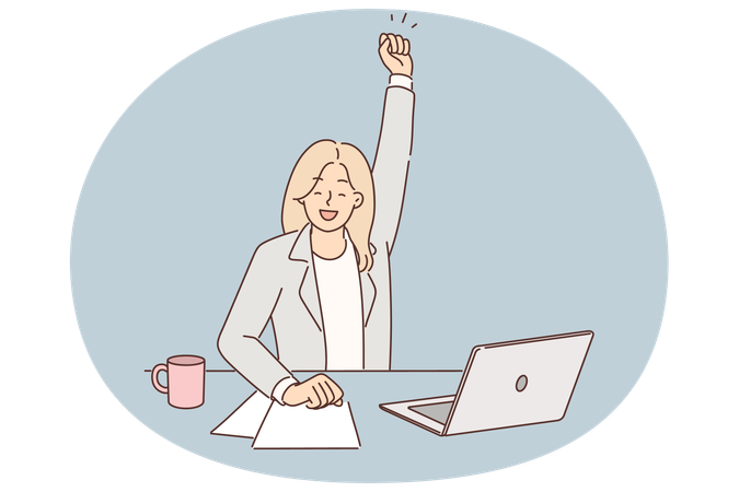 Successful woman manager celebrates victory and raes hand up sitting at table with laptop  Illustration