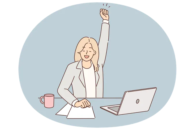 Successful woman manager celebrates victory and raes hand up sitting at table with laptop  Illustration