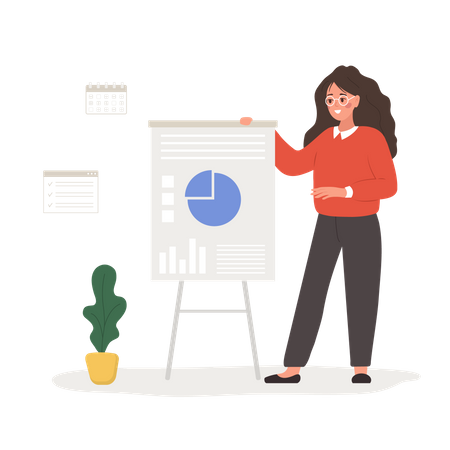 Successful woman presenting research report and develops strategy for progress Illustration