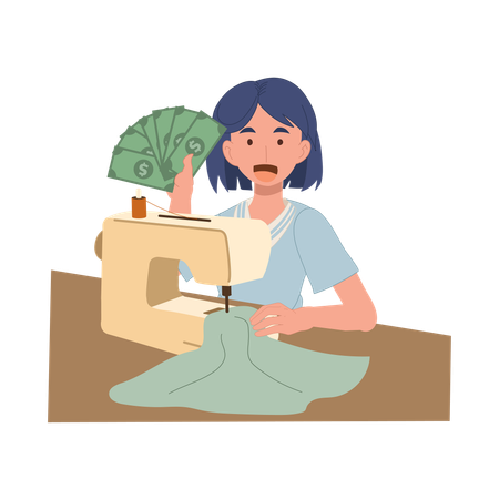 Successful woman sewing and holding money fan to show handmade business income in home fashion studio  Illustration