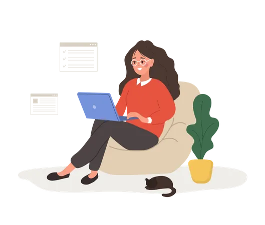 Female Entrepreneur Successful Woman Sits With Laptop And Solves Work Issues Modern Office Worker Or Business Expert Vector Illustration In Flat Cartoon Style Illustration