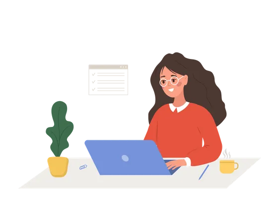 Successful woman sitting at table with laptop and solves work issues  Illustration