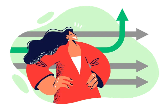 Successful woman stands near arrows symbolizing business analytics and increasing income  Illustration