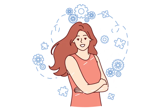 Successful Woman Stands With Arms Crossed Among Gears And Puzzle Pieces Symbolizing Psychological Health And Development Successful Girl In Red Dress Smilingly Looks At Camera Calling For Leadership Illustration