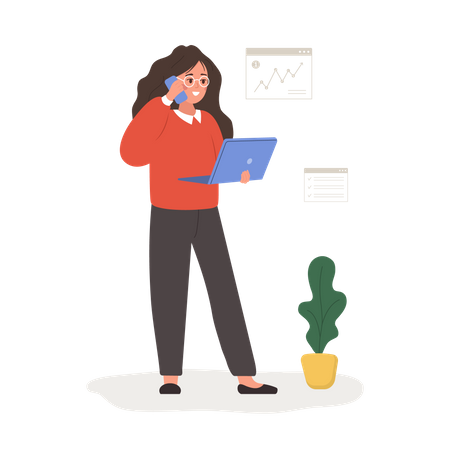 Successful woman talking on phone and holding laptop  Illustration