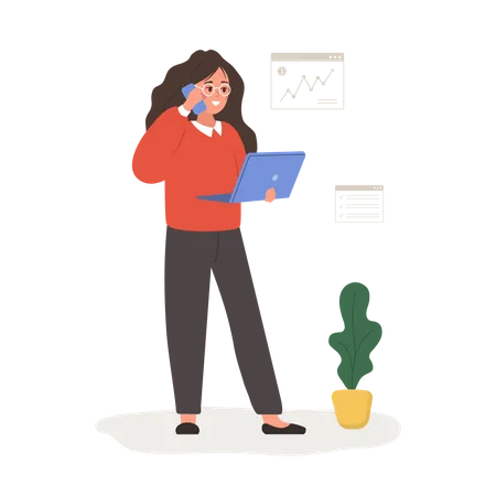 Successful woman talking on phone and holding laptop  Illustration