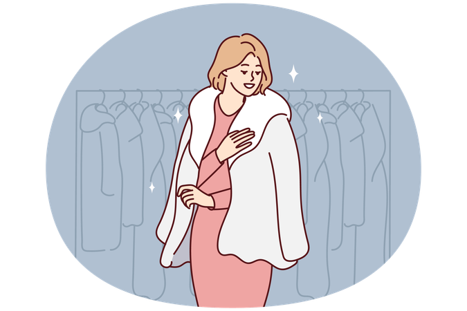 Successful woman trying on natural fur coat stands in winter outerwear store  Illustration