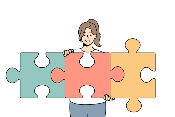 Successful woman unraveling puzzle and solving complex task while developing own startup  Illustration