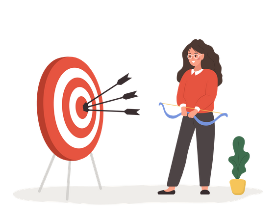 Successful woman with bow shooting target with arrows  Illustration