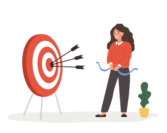 Successful woman with bow shooting target with arrows  Illustration