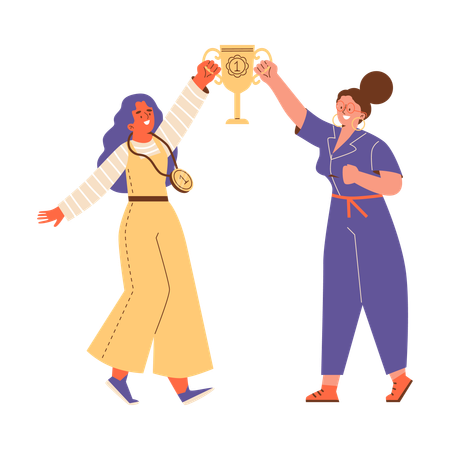 Successful women lifting golden trophy cup  Illustration