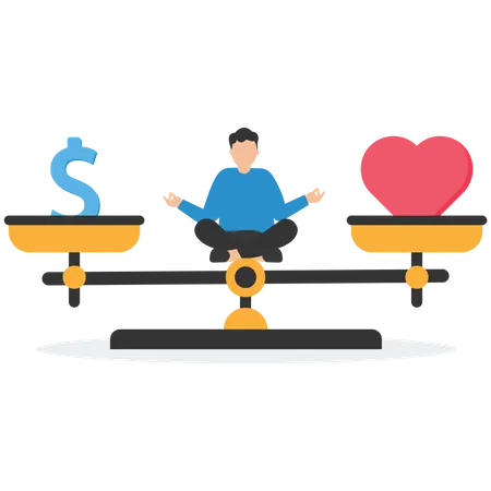 Empresário de sucesso medita sobre equilíbrio de gangorra com dinheiro e símbolo de coração  Ilustração