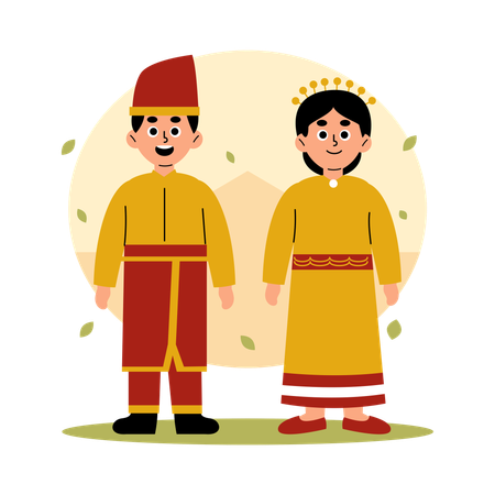 Couple traditionnel de Sulawesi du sud-est en vêtements culturels, Sulawesi du sud-est  Illustration