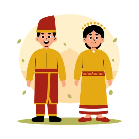 Couple traditionnel de Sulawesi du sud-est en vêtements culturels, Sulawesi du sud-est  Illustration