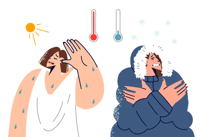 Sudden Changes In Climate And Weather Cause Suffering In Woman Sweating From Heat Or Shivering From Cold Contrast Of Winter And Summer Weather Becomes Causes Of Sunstroke Or Frostbite Illustration