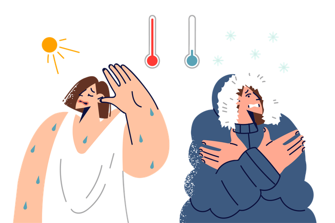 Sudden changes weather cause suffering in woman and sweating from heat  Illustration