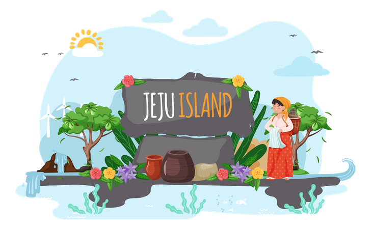 Südkoreanische Dorfbewohnerin steht auf der Insel Jeju  Illustration