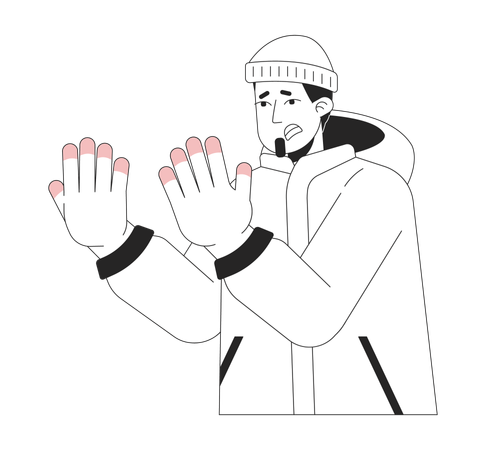 Suffering caucasian man with frostnip fingers  Illustration