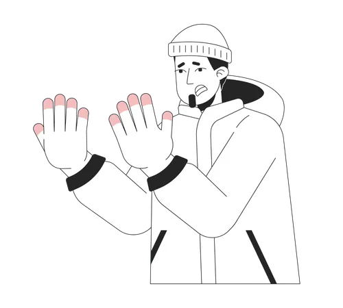 Suffering Man With Frostnip Fingers Black And White 2 D Line Cartoon Character Winter Clothes Guy With Cold Hands Isolated Vector Outline Person Wintertime Monochromatic Flat Spot Illustration Illustration
