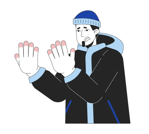 Suffering caucasian man with frostnip fingers  Illustration