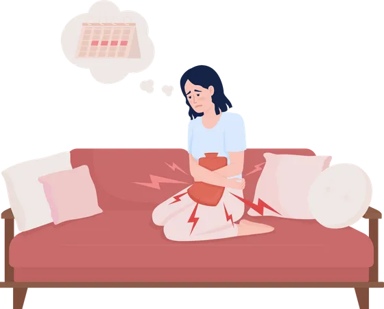 Suffering lady with heating pad for cramps  Illustration