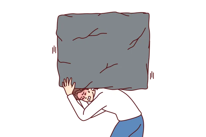 Suffering man carries heavy stone on back, symbolizing heavy tax burden and overly ambitious task  Illustration