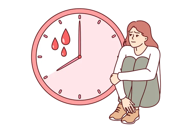 Sufre de menstruación dolorosa sentada cerca del reloj con gotas de sangre  Ilustración