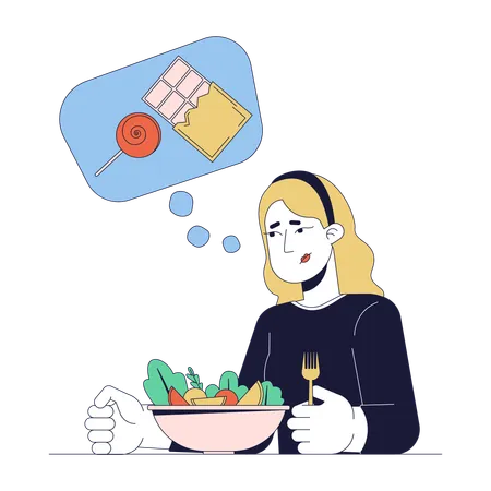 Sugar cravings woman with salad  Illustration