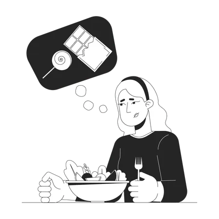 Sugar cravings woman with salad  Illustration