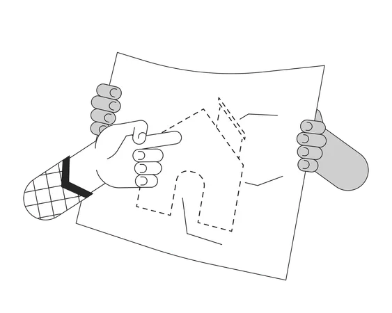 Suggesting Changes To Blueprint Home Cartoon Human Hands Outline Illustration Brainstorming Building Project 2 D Isolated Black And White Vector Image Improvement Flat Monochromatic Drawing Clip Art Illustration