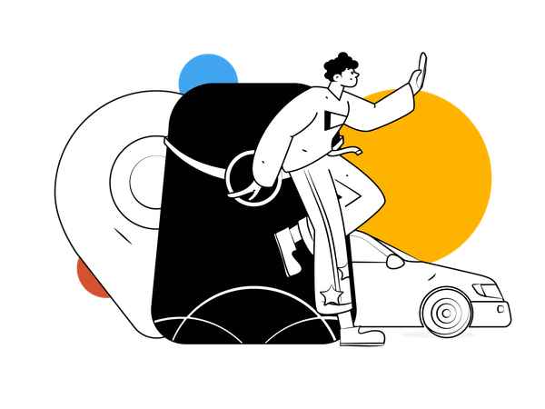 Homme suivant l'emplacement d'un taxi sur mobile  Illustration