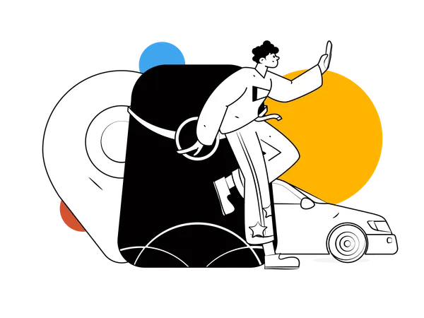 Homme suivant l'emplacement d'un taxi sur mobile  Illustration