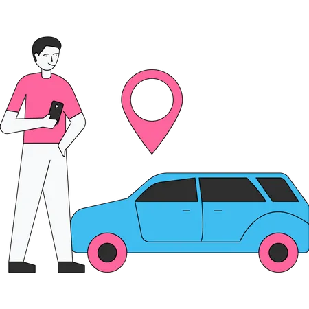 Homme suivant l'emplacement d'un taxi via une application  Illustration