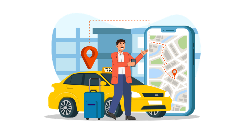 Homme traquant un taxi sur une application mobile  Illustration