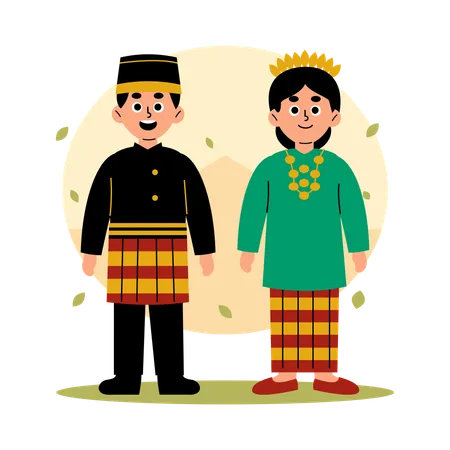 Sulawesi Selatan Traditional Couple in Cultural Clothing, South Sulawesi  Illustration