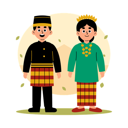 Sulawesi Selatan Traditional Couple in Cultural Clothing, South Sulawesi  Illustration
