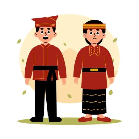 Sulawesi Tengah Traditional Couple in Cultural Clothing, Central Sulawesi  Illustration