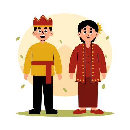 Illustration Of A Man And Woman Dressed In Traditional Sulawesi Utara Clothing Showcasing The Rich Cultural Heritage Of Indonesia North Sulawesi Illustration