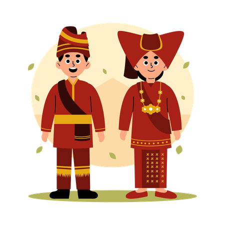 수마트라 바라트(Sumatra Barat) 전통 의상을 입은 전통 커플, 서부 수마트라  일러스트레이션