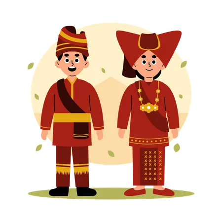수마트라 바라트(Sumatra Barat) 전통 의상을 입은 전통 커플, 서부 수마트라  일러스트레이션