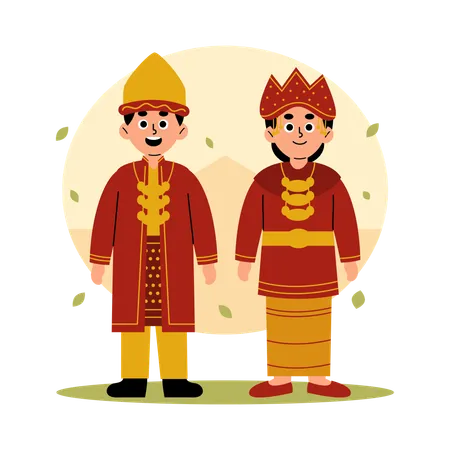 Casal tradicional Sumatra Selatan em roupas culturais Sumatra do Sul  Ilustração