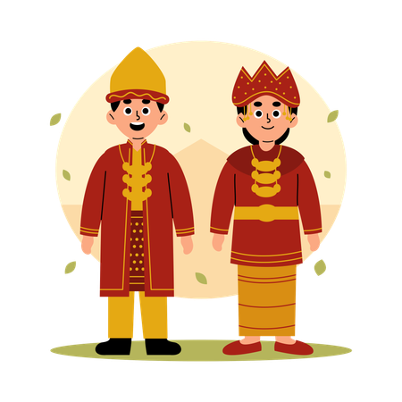 南スマトラの伝統的な衣装を着たカップル 南スマトラ  イラスト