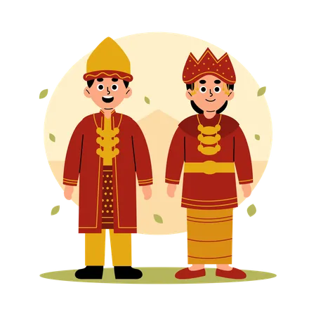 インドネシア、南スマトラの豊かな文化遺産を示す、伝統的なスマトラ南州の衣装を着た男女のイラスト イラスト