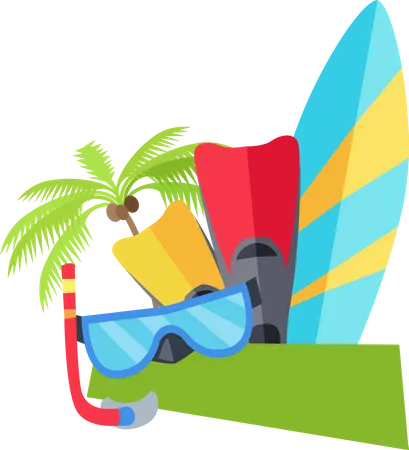 Summer Active Vacation Concept Banner Flat Design Vector Illustration Of Things For Active Rest On Seacost Diving Mask Fins Surfboard Palm Tree On White Background Illustration