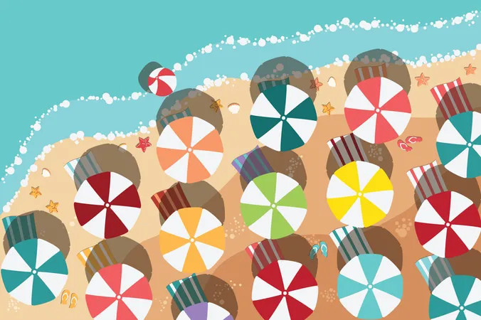 Summer beach in flat design, sea side and beach items Illustration