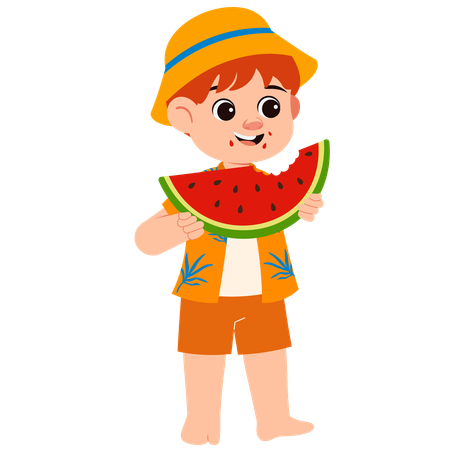 Summer Boy Eating Watermelon  Illustration