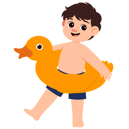 Summer Boy With Duck Inflatable Ring  Illustration