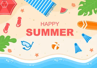 Happy Summer Time In Beach Illustration Pack